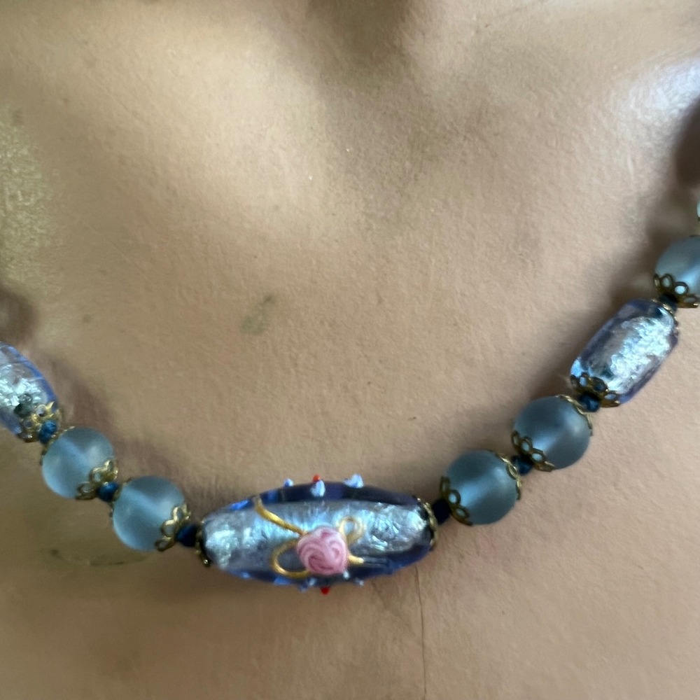 Vintage Venetian Murano Blue Glass Wedding Cake Bead Necklace 22in Cottagecore